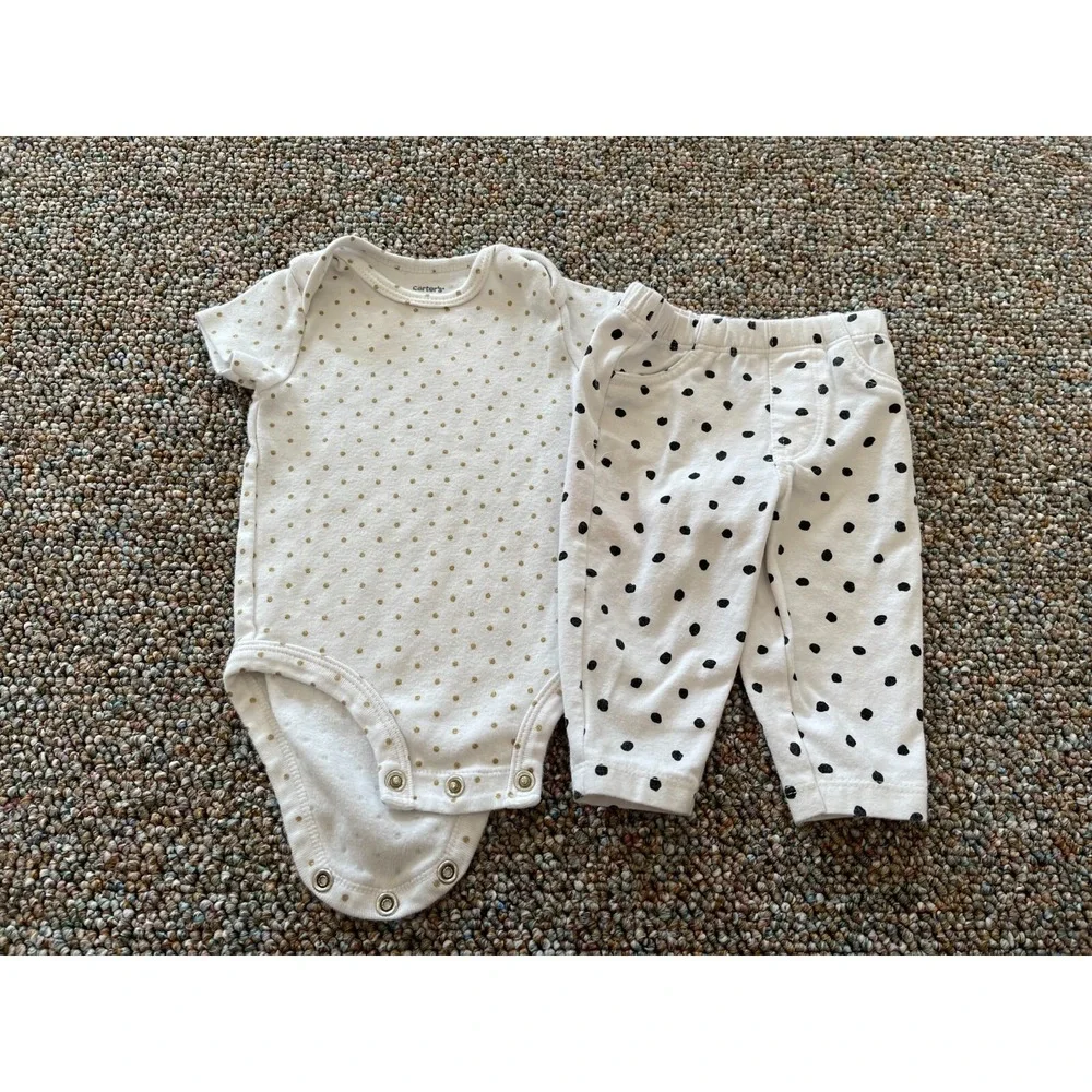 Carter's Girls Gold Glitter Spotted Bodysuit & Black & White Spotted Pants 3M